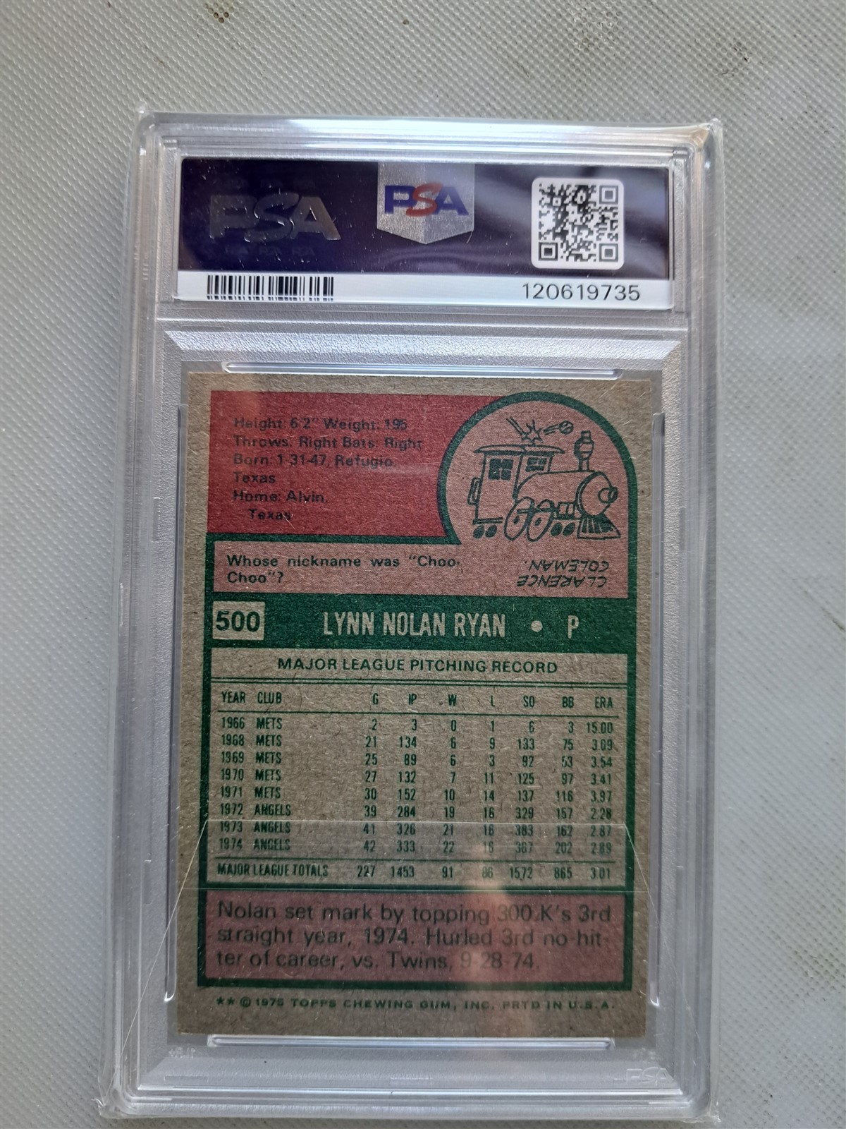 1975 Nolan Ryan - Angels Topps Baseball Card, PSA EX-MT 6 view 2