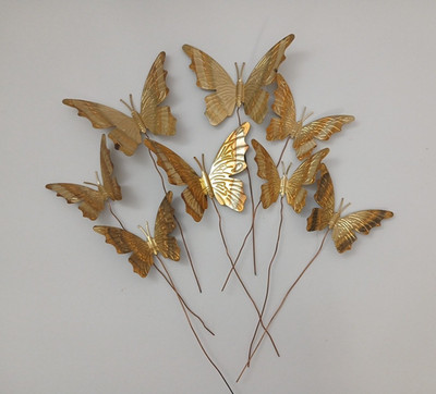 Vtg Gold Iridescent Butterfly Plant Picks Stakes Copper Wire Fluttering Lot of 8