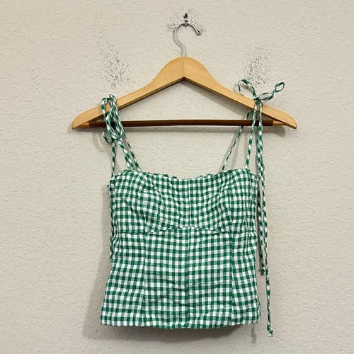 REFORMATION Blanchard Cropped Top Women Sz 0 Green White Gingham Linen Tie Strap