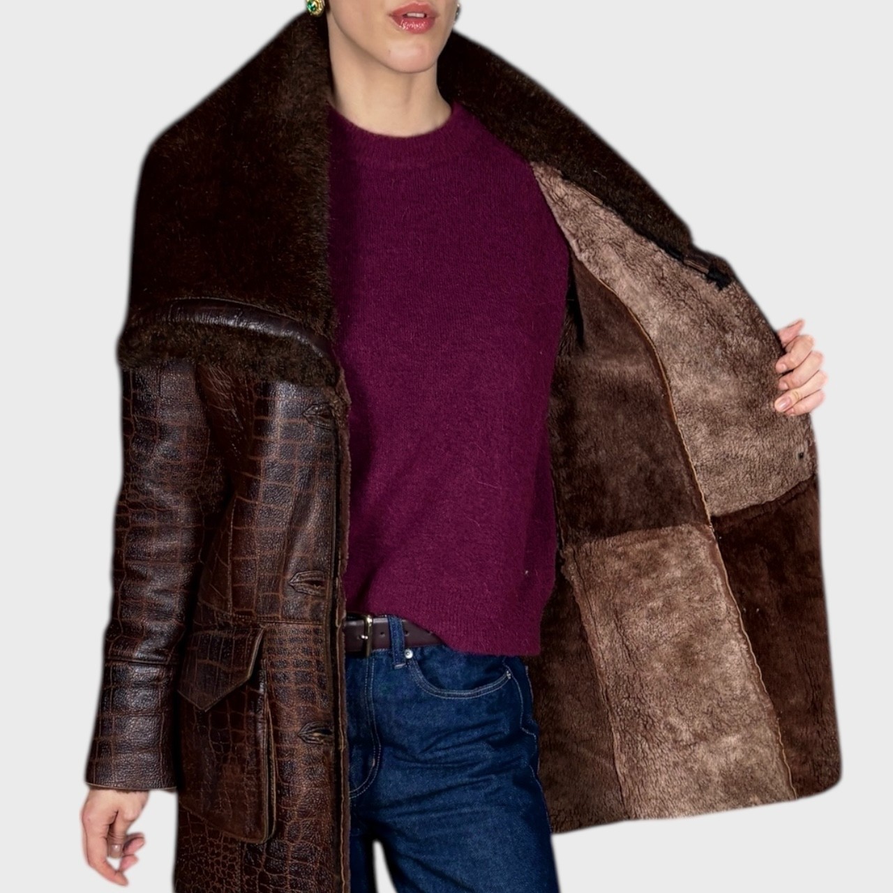 Vintage Mahogany Brown Shearling Leather Coat size US 6/8 EU38/40 image 5