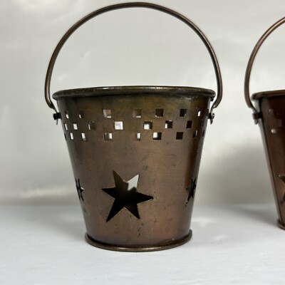 3 Copper Bucket Votive Holders Glass Insert Stars Cut Out Candleholders Vintage