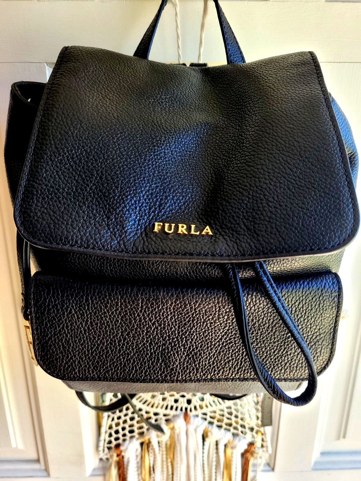 Furla Black Leather Backpack Drawstring Flap Butt… - image 2