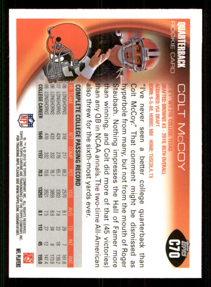 2010 Topps Chrome #C70A Colt McCoy helm RC - Image 2 of 2