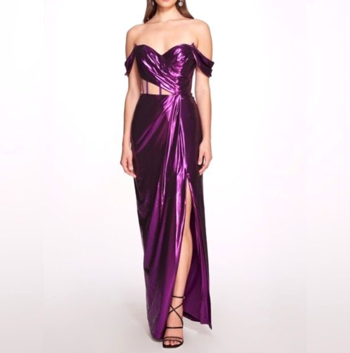 marchesa purple dress Marchesa Notte lamé cut-out evening long gown dress amethyst purple Sz 10