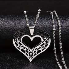 Silvery-Tone Stainless Steel Heart Pendant Necklace - Delicate Chain, Intricate