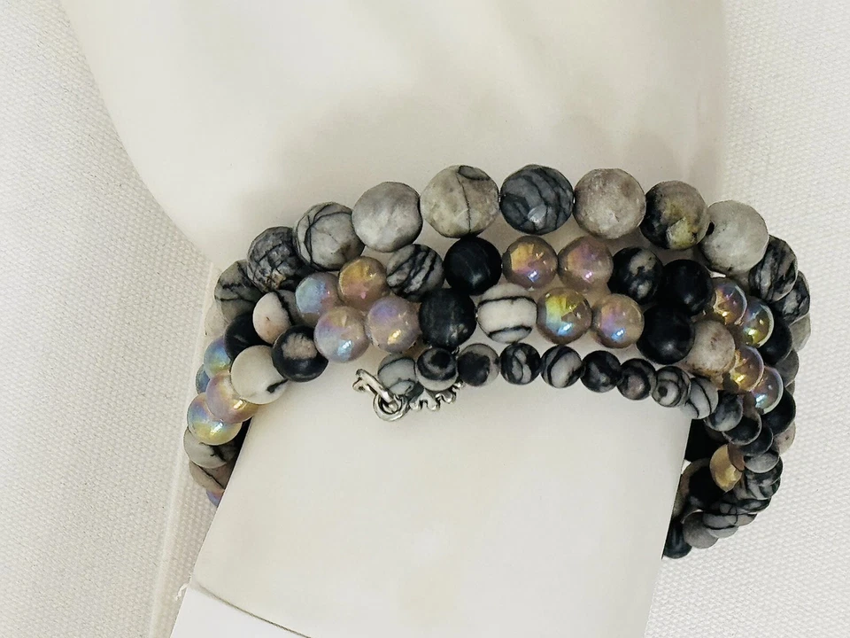 Pedras naturais com elástico de vidro pulseira de 3 camadas multicolorida unissex tamanho 1 - Imagem 2 de 4