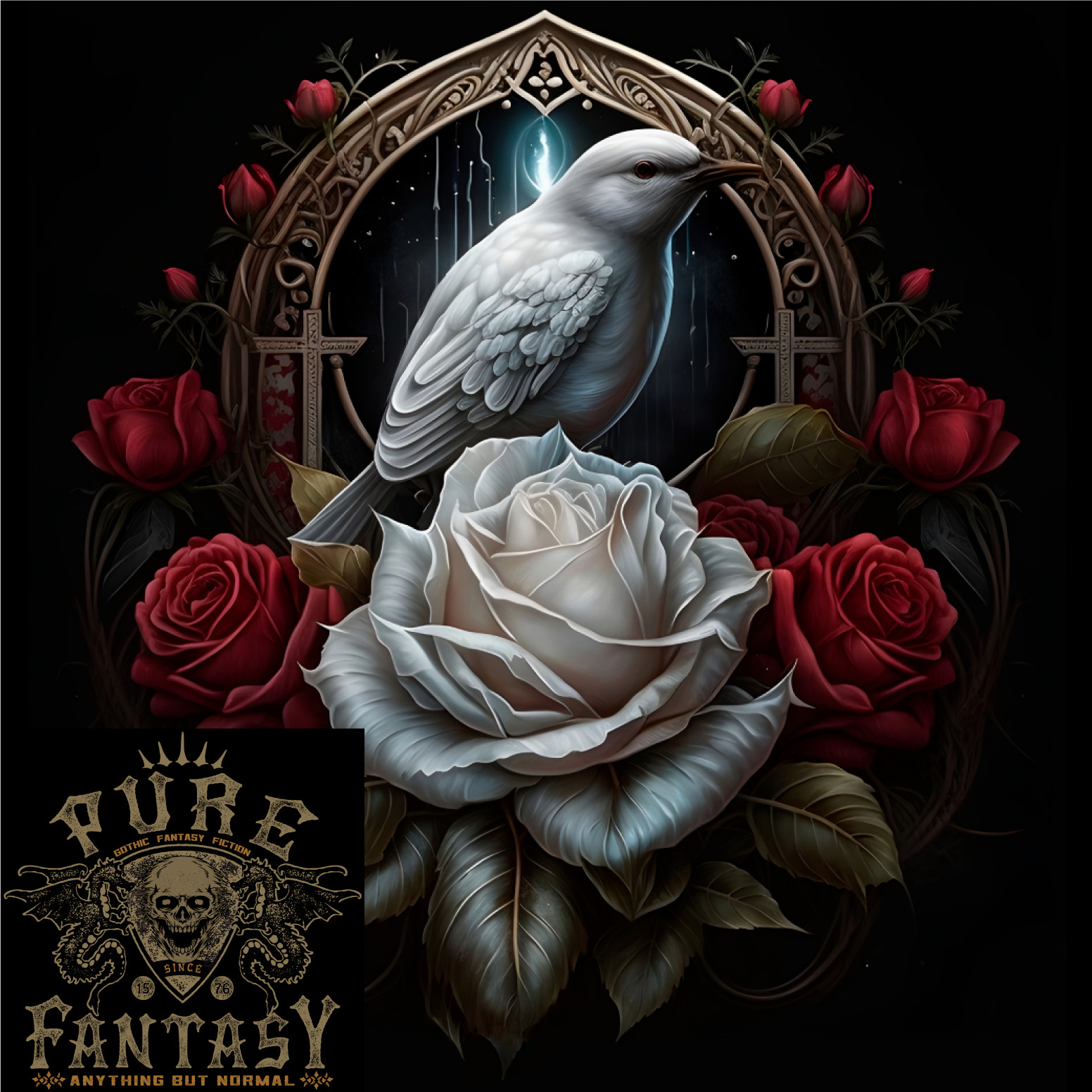 Un Pájaro y Rosa en el Frente Of A Gótico Espejo Hombre Luz Camiseta Algodón