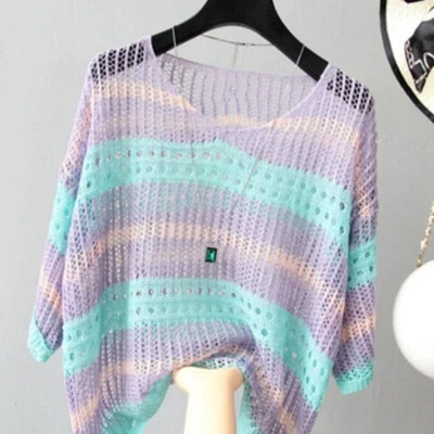 Damen Hohl Streifen Strickpulli V-Ausschnitt Kurz Pullover Kurzärmel Bluse - Bild 1 von 4