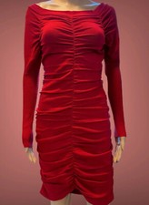 Knit Bodycon Ruched Dress Size M Red Off Shoulder Stretch Long Sleeves Knee Leng