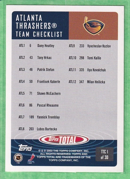 2002-03 Topps Total Team Checklist #TTC 1 Ilya Kovalchuk Atlanta Thrashers - Image 2 of 2
