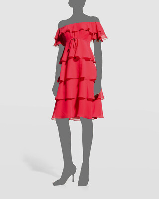 $520 Rickie Freeman for Teri Jon Women's Pink Ruffle Tiered Off-Shoulder Dress 6