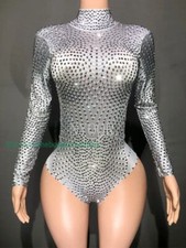 Women Sparkly Rhinestone Long Sleeve Bodysuit Dance Costume Show Stage Wear