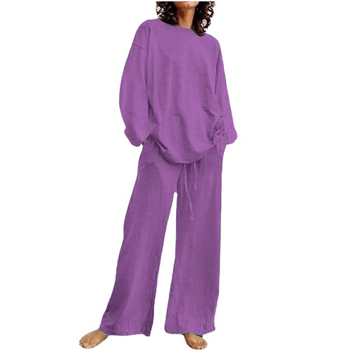 Women 2 Piece Outfits Set Long Sleeve Oversized Shirts Tops Straight Leg Pants - Picture 35 of 45