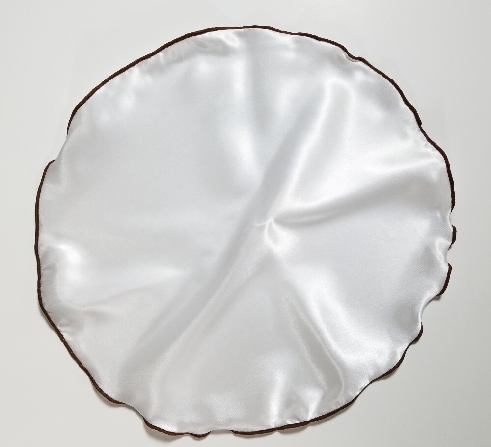 NEW - Men's 2-in-1 Pouf Round Pocket Square - White Satin with Brown Trim