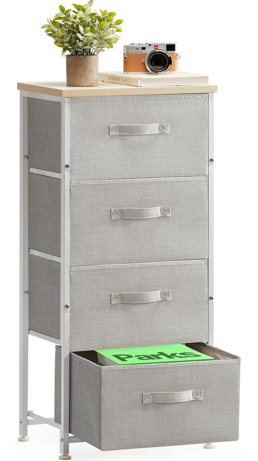 Fabric Dresser 3 Drawers Nightstand Vertical Storage with Sturdy Steel Frame