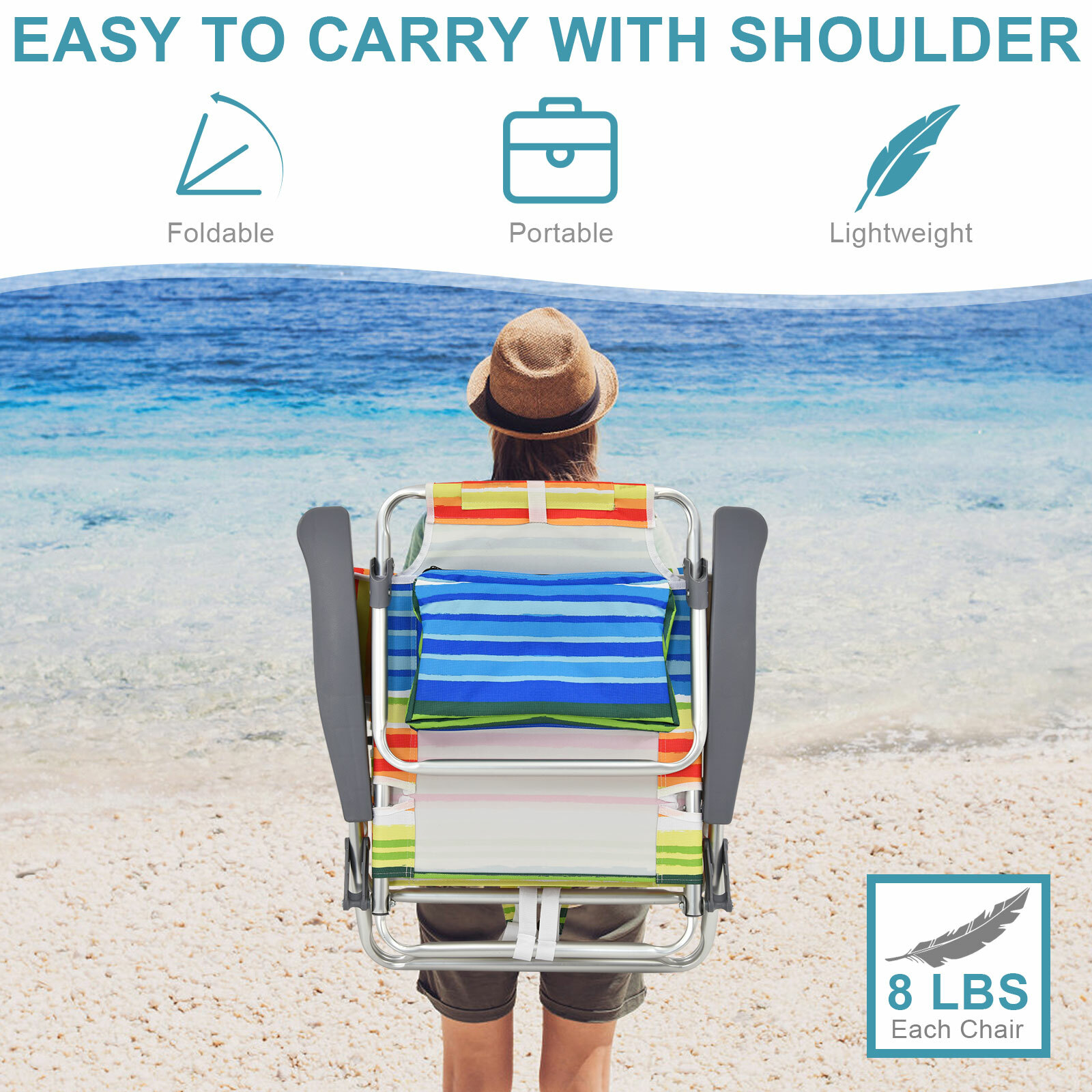 4-Pack Folding Backpack Beach Chair 5-Position Outdoor Reclining Chairs w/Pillow