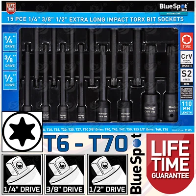 BLUESPOT Extra Long Impact Torx Bit Socket Set 1/4" 3/8" 1/2" Drive Long Reach