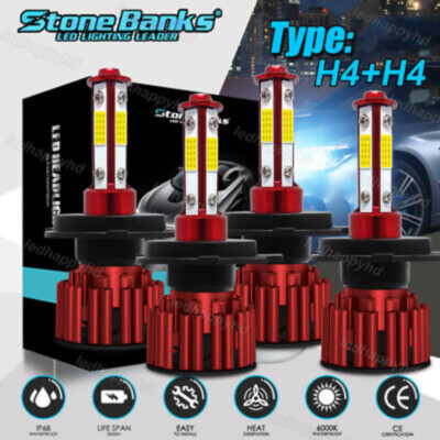 4PCS H4 HB2 9003 4-Sided LED Headlight Kit 6000W 1000000LM Hi/Lo Beam Power Bulb