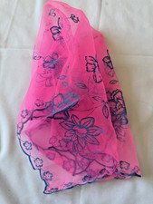 Vintage 1960s Sheer Floral Scarf Pink with Blue Flocked Flowers Scalloped Edges