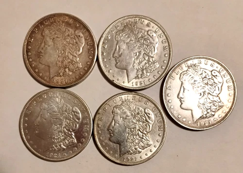 LOT OF FIVE AU/BU MORGAN DOLLARS