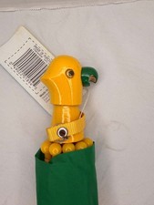 Vintage Childrens Umbrella Rain Mates Yellow Green Parrot Wood Handle