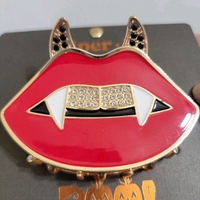 Piper K Halloween Vampire Fangs Red Lips Bling Rhinestones Gold Hair Claw Clip