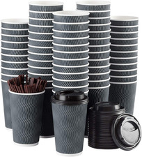 Disposable Coffee Cups with Lids and Straws - 16 Oz 90 Set Togo Hot Paper Coff