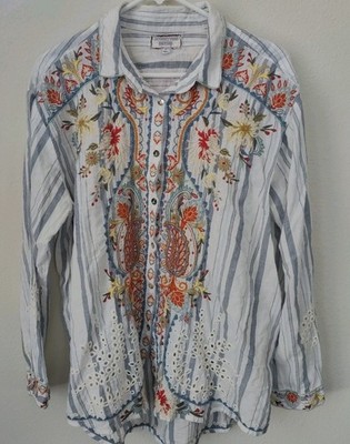 Johnny Was Workshop Relaxed Pocket Shirt Embroid  L Box3836