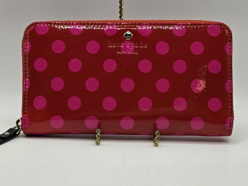 Kate Spade Wallet Clutch Red Patent Leather with Pink Polka Dots Zip Around - Picture 1 of 15