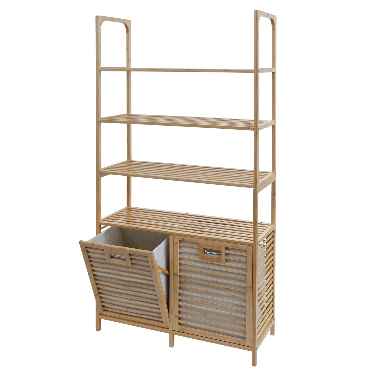 B-Ware Armario de baño de bambú MCW-N83, 4 estantes, natural, cesta gris