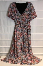 INC Pink Blue Floral Print V Neck SS Faux Wrap Around Skirt Lined Dress 10 EC!
