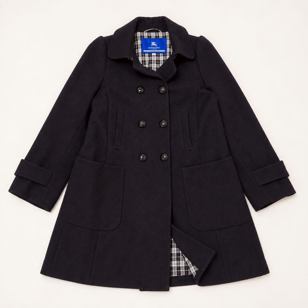Burberry Blue Label Black Check Pea Coat Wool Blend Women S Mid Length Casual