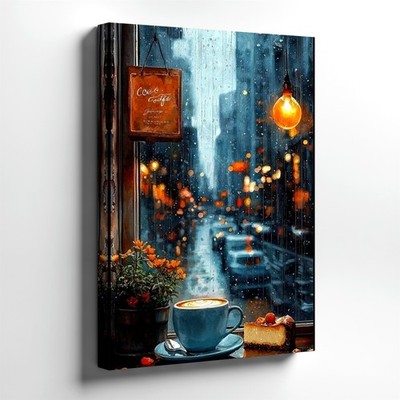 Canvas Rainy Cafe Window Coffee Cup Cheesecake City Lights Gallery Poster Decor