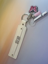 White Leather Key Chain with Pink Butterfly, Bow, Tassel, Rhinestone