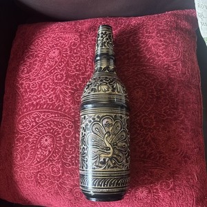 peacock design bottle cover case. Hand Etched brass decorative ornate 12”