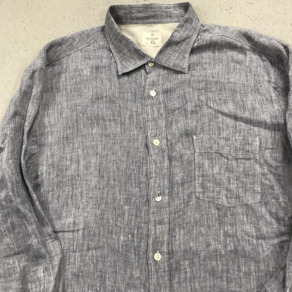 Hartford Shirt Mens XL Blue 100% Linen Chambray Casual Button Long Sleeve Summer Foto 2 de 4