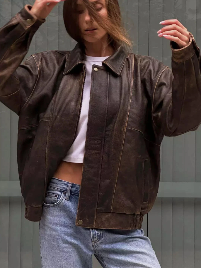 Oversized Brown Leather Jacket 90s Women Genuine Leather Bomber Oversize Jacket