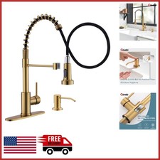 Single Hole Kitchen Faucet Gold Finish with Pull Down Sprayer and Soap Dispenser
