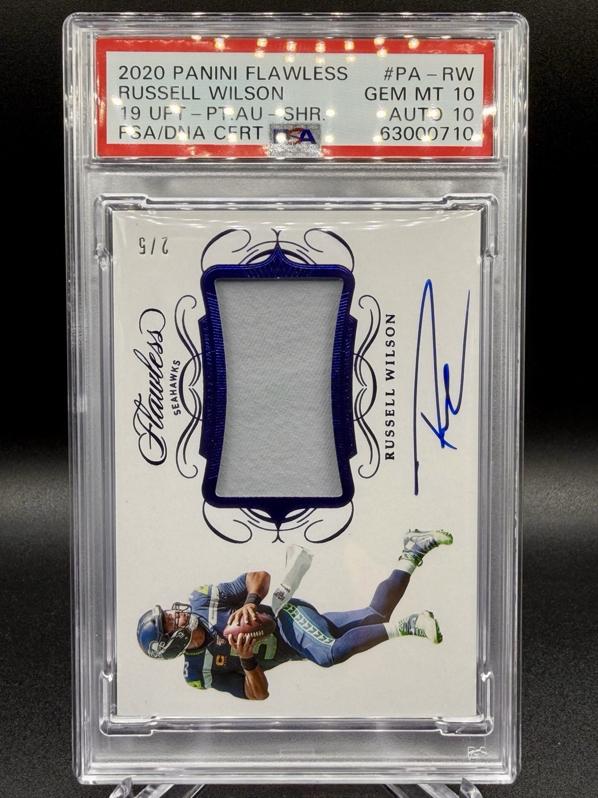 2020 Flawless Russell Wilson Patch Auto /5 PSA 10 POP 1 Game Worn view 2
