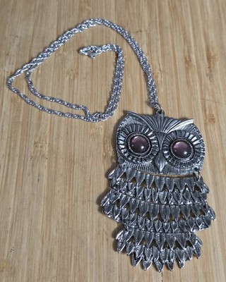 Vtg Articulated Silver Owl Purple Eyes On 5 Gram Caco Sterling Necklace 24''