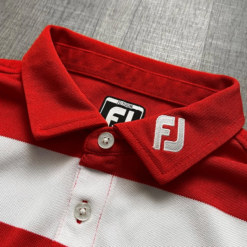 FootJoy Shirt Junior Medium Red White Athletic Fit Striped Pique FJ Tour Collar - Imagen 2 de 4