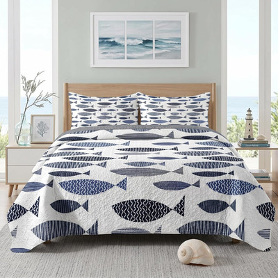 Twin Quilt Set, Microfiber Bedspread, Fish Pattern, 2 Pieces, Bed Decor, All