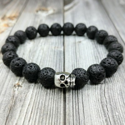 HIP 8''L  10mm Black Lava Gemstone Beaded Silver Plated Skull Unisex Bracelet