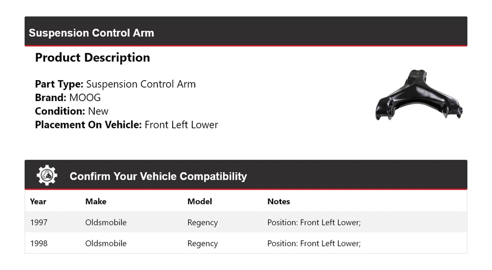 Brazo de control de suspensión delantero izquierdo inferior MOOG Oldsmobile Regency 1997-1998 Foto 2 de 4