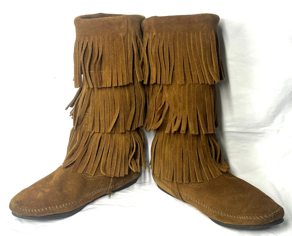 Minnetonka мокасины 3 слоя бахрома ботинки верблюда замши кожи Coachella размер 8 - Изображение 4 из 4