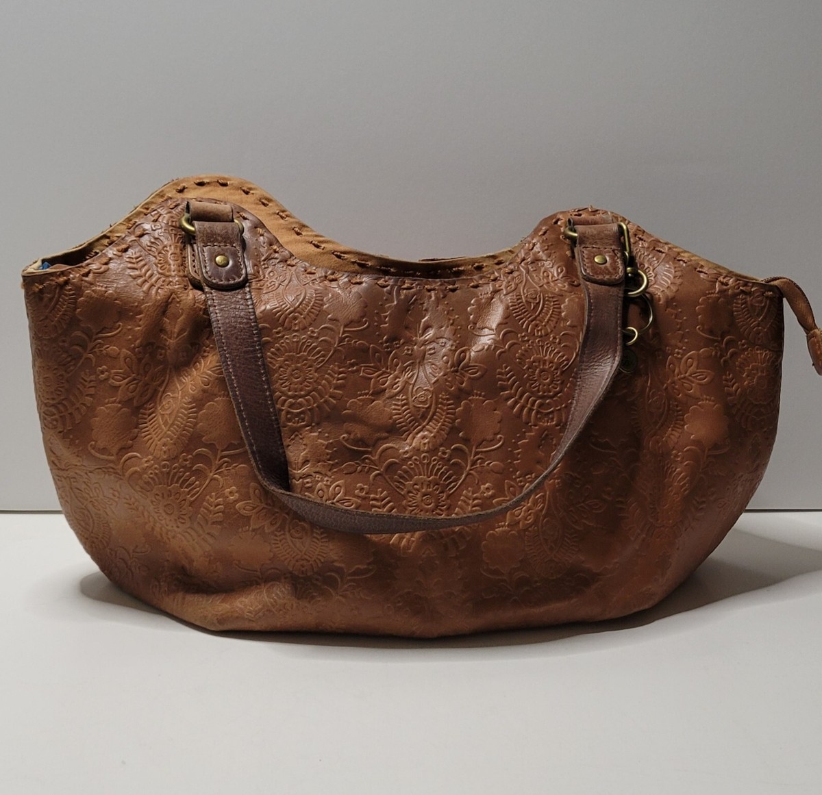 The Sak Floral Embossed Tobacco Leather Shoulder Bag Western Boho Turquoise