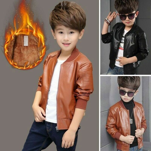 Toddler Kid Boy Winter Warm PU Leather Jacket Plush Fur Lined Coat Biker Outwear - Picture 2 of 15