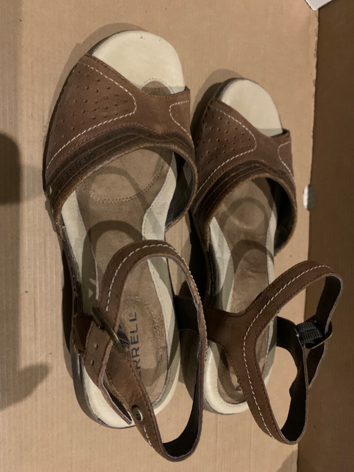 MERRELL Luxe Strap Sandali Caffè Cinturino Caviglia Tacchi Donna Taglia 7 Pelle