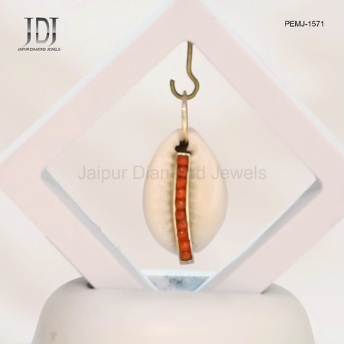 Cowrie Charm Shell Natural Coral Gemstone 14K Solid Yellow Gold Jewelry Pendant - Video 1 of 1