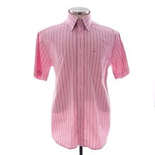 Tommy Hilfiger 80s 2 Ply Fabric Pink Striped Short Sleeve Button Down Mens M